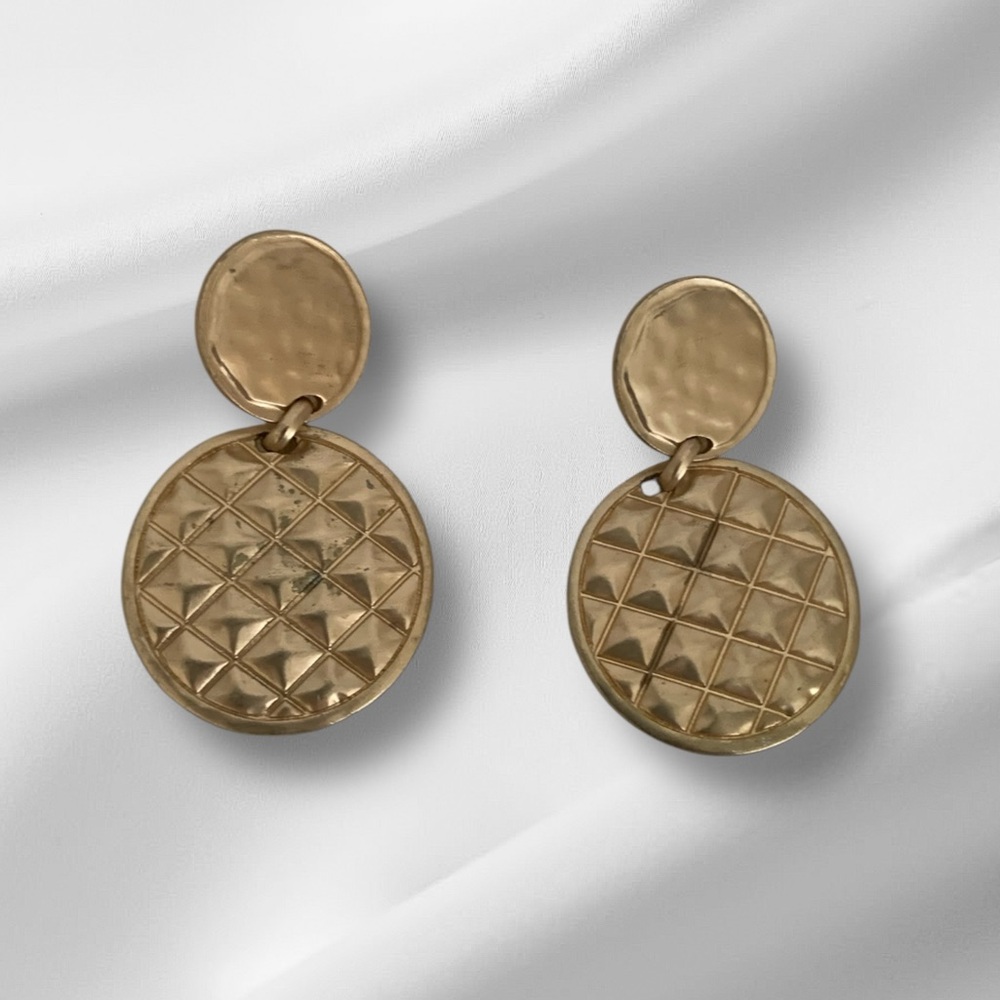 Gold-Tone Dangle Earrings Double Disc Hammered Stud Textured Design